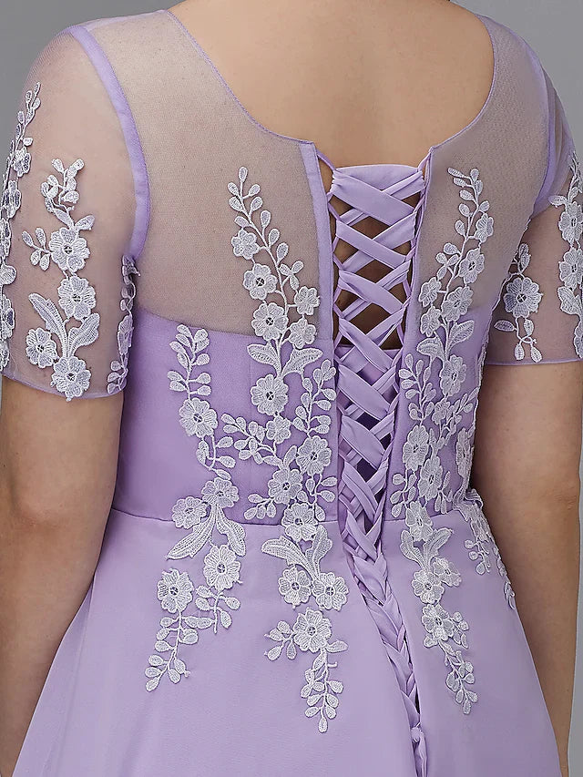 DingjiA-Line Plus Size Homecoming Cocktail Party Dress Illusion Neck Short Sleeve Knee Length Chiffon Lace with Appliques