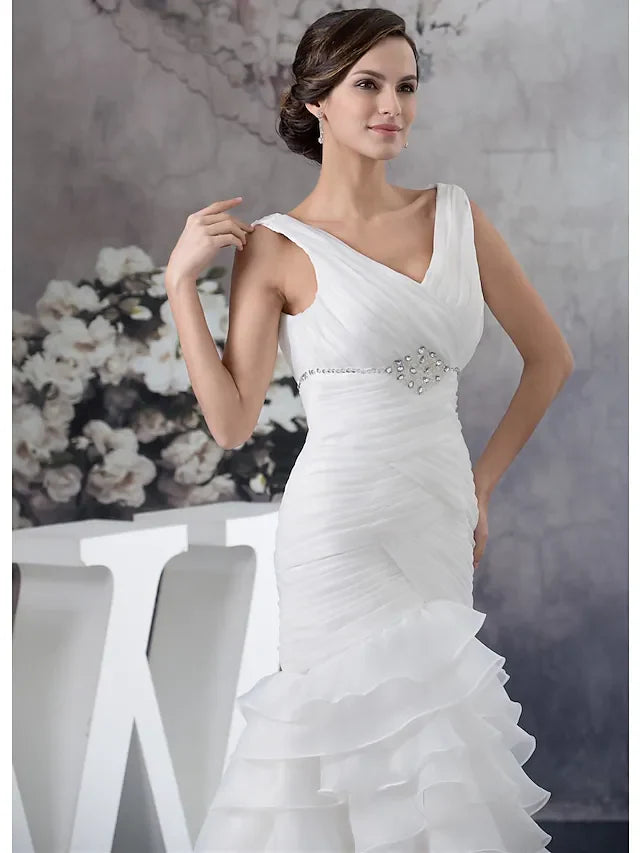 DingjiWedding Dresses V Neck Chapel Train Organza Regular Straps with Ruched Beading Cascading Ruffles