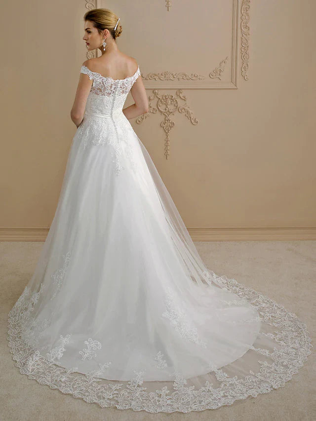 DingjiBall Gown Wedding Dresses Off Shoulder Court Train Lace Tulle Cap Sleeve Country Glamorous See-Through Plus Size Backless with Sashes Ribbons Bow(s) Buttons