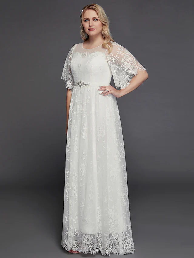 DingjiA-Line Wedding Dresses Illusion Neck Jewel Neck Floor Length Lace Tulle Half Sleeve Formal Boho Little White Dress See-Through with Beading Lace Insert
