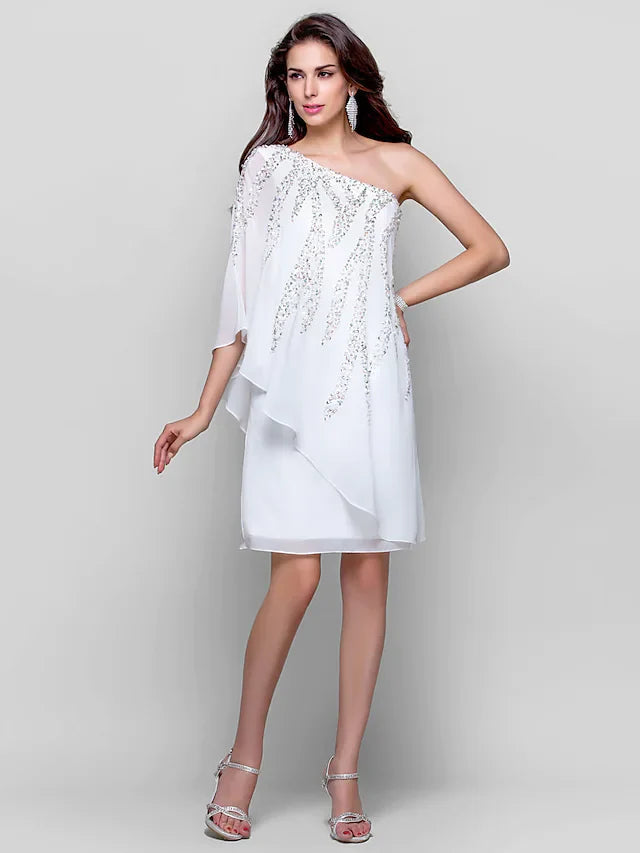 DingjiSparkle White Wedding Guest Cocktail Party Dress One Shoulder Sleeveless Knee Length Chiffon with Sequin