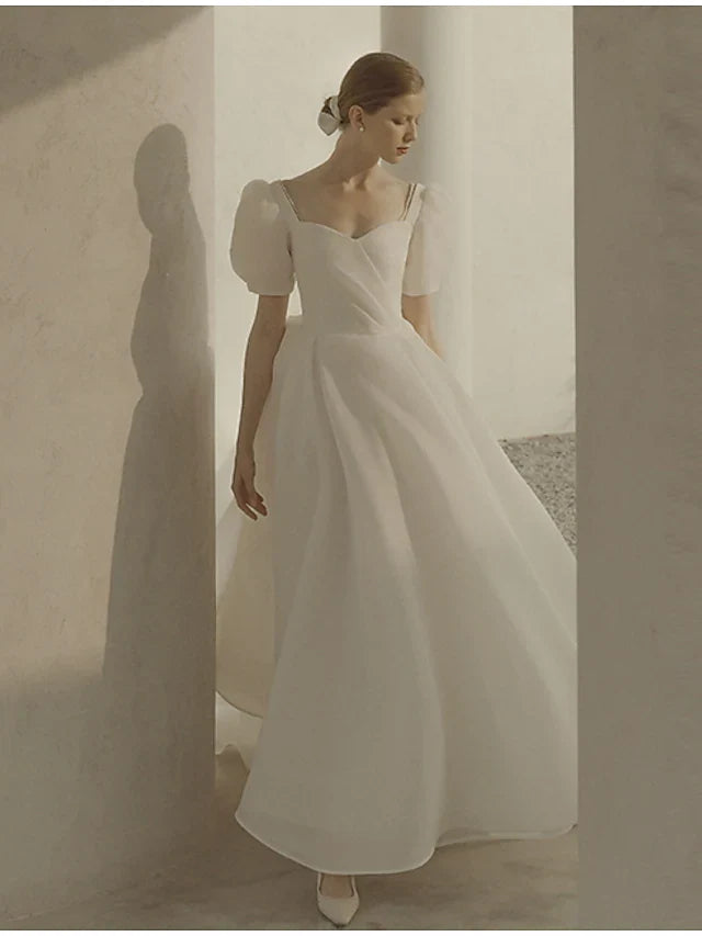 DingjiA-Line Wedding Dresses Scoop Neck Ankle Length Organza Short Sleeve Country Simple Little White Dress with Ruffles