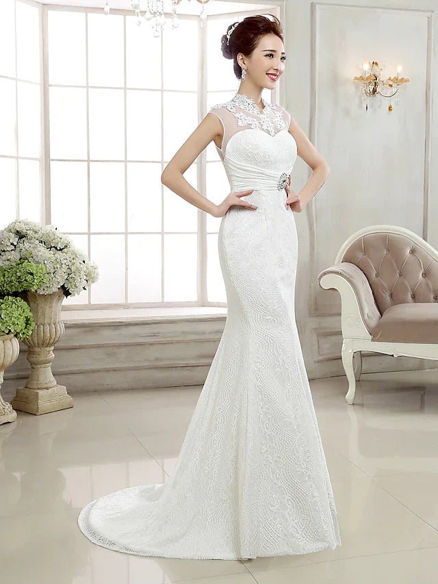 Dingji Wedding Dresses High Neck Lace Cap Sleeve Sexy Illusion Detail Backless with Beading Appliques