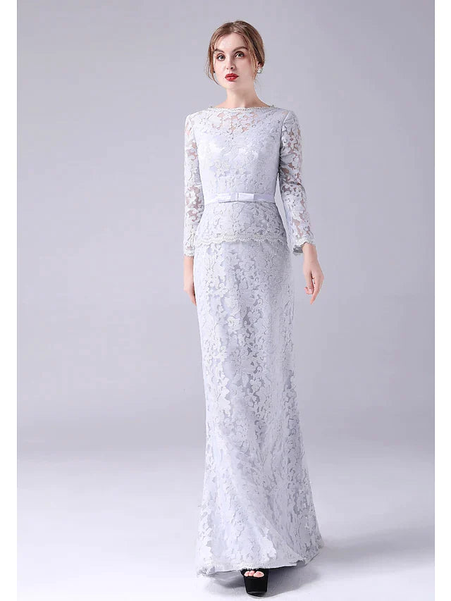 Mother of the Bride Dress Elegant Sweet Jewel Neck Floor Length Lace Long Sleeve with Sash Ribbon Bow(s)