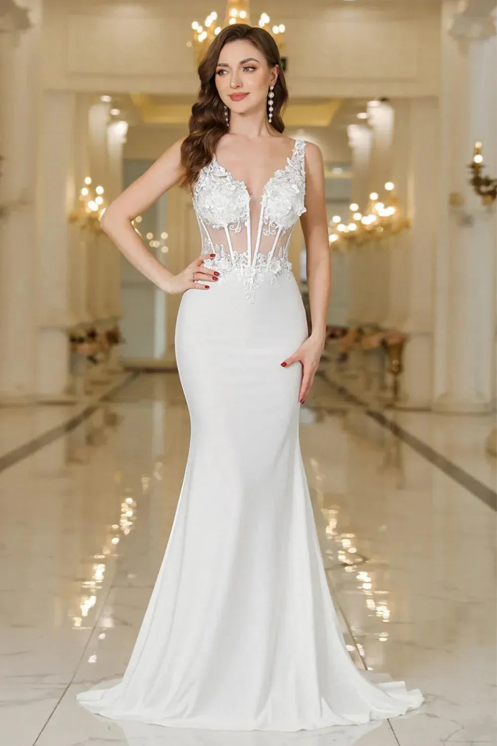 Illusion Bodice Lace Mermaid Wedding Dress with Deep V-Neck & Open Back - Modern Bridal Gown