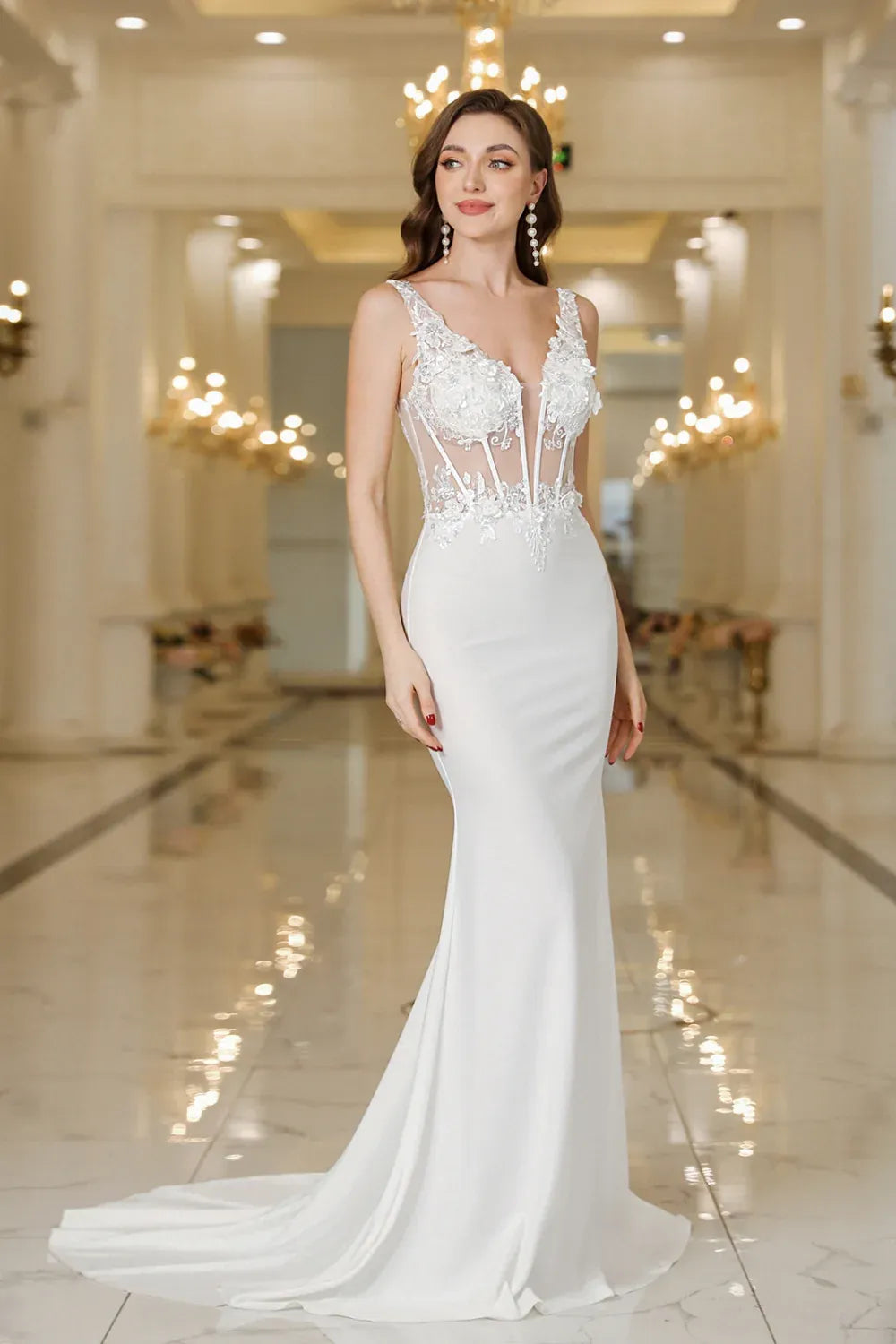 Illusion Bodice Lace Mermaid Wedding Dress with Deep V-Neck & Open Back - Modern Bridal Gown