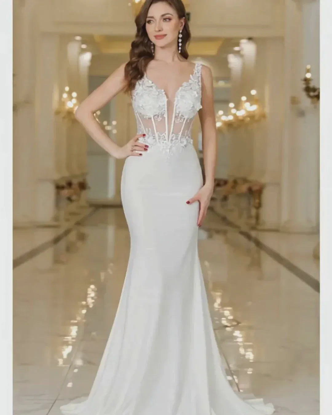 Illusion Bodice Lace Mermaid Wedding Dress with Deep V-Neck & Open Back - Modern Bridal Gown