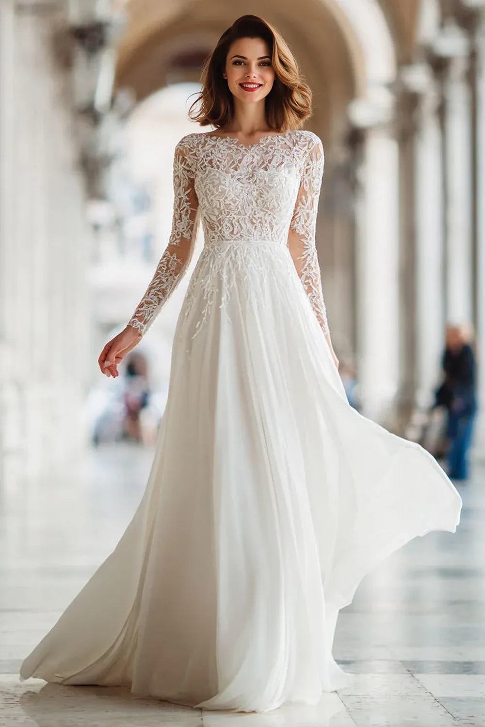 Illusion Lace Long Sleeve A-Line Wedding Dress with V-Back - Romantic Bridal Gown