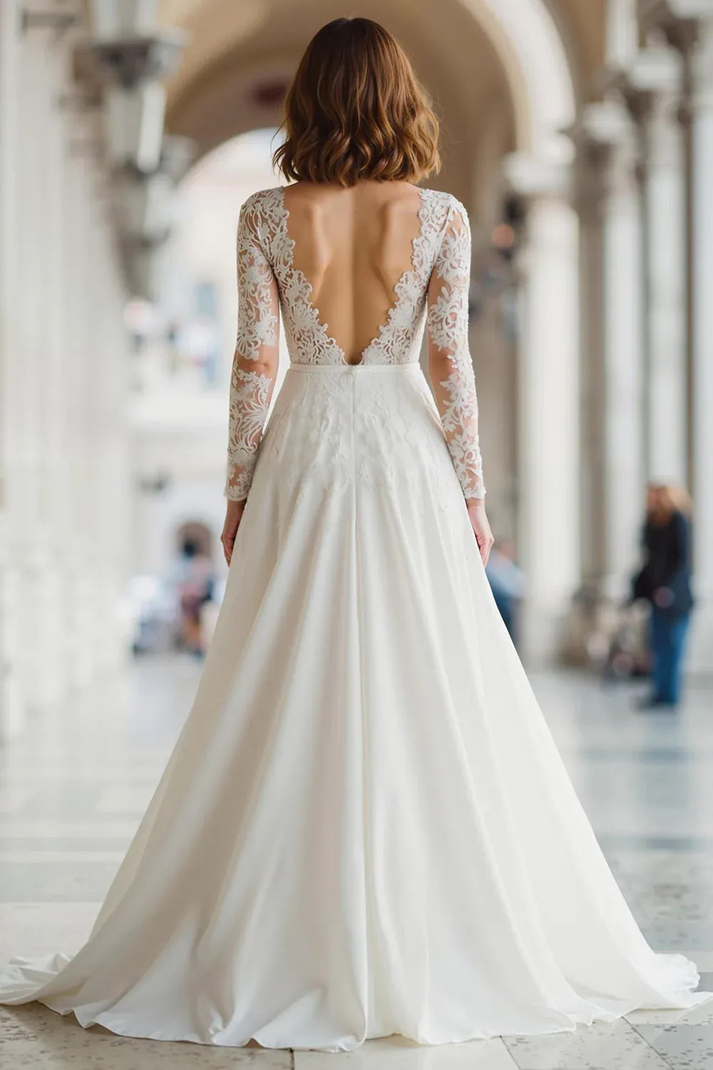 Illusion Lace Long Sleeve A-Line Wedding Dress with V-Back - Romantic Bridal Gown