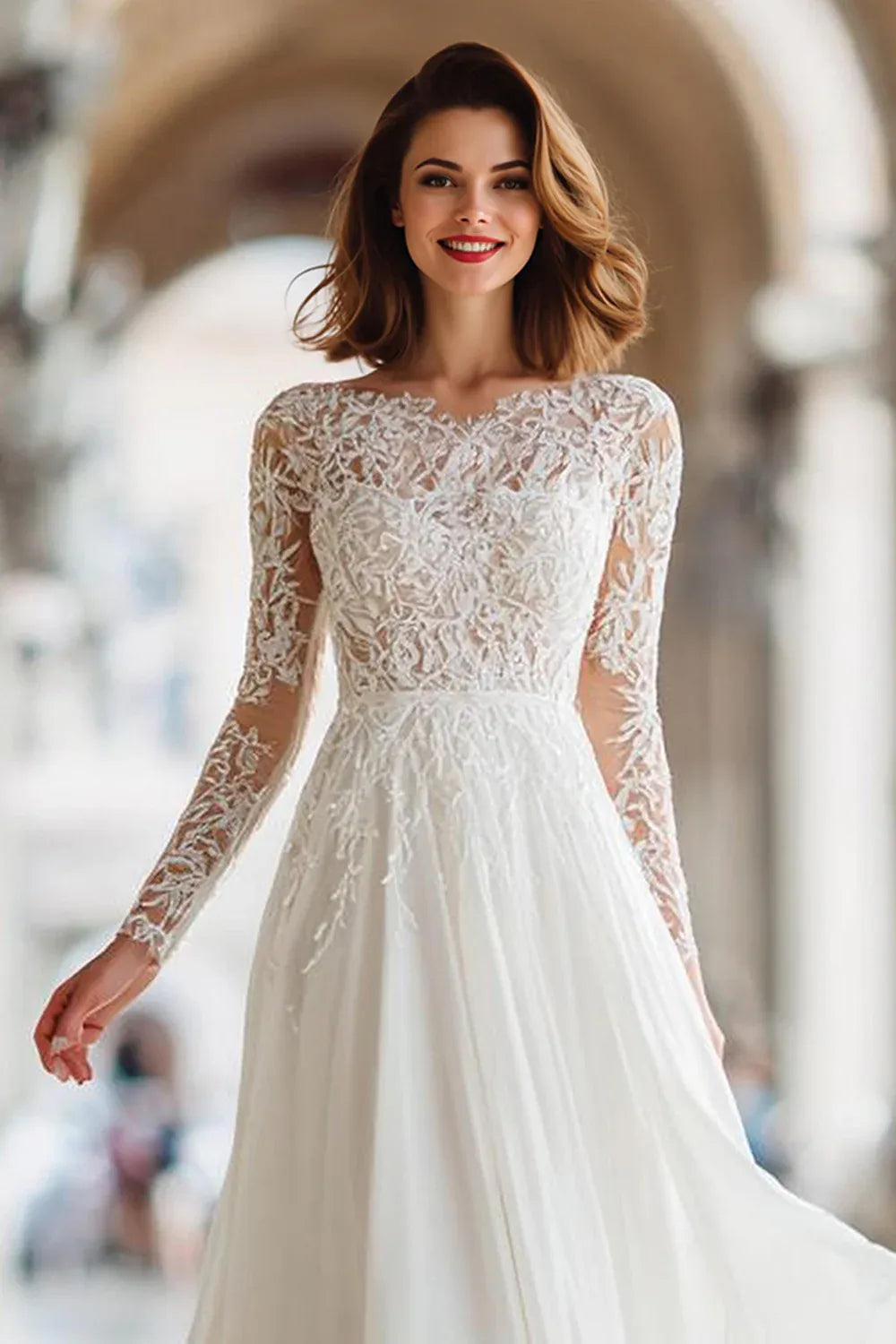 Illusion Lace Long Sleeve A-Line Wedding Dress with V-Back - Romantic Bridal Gown