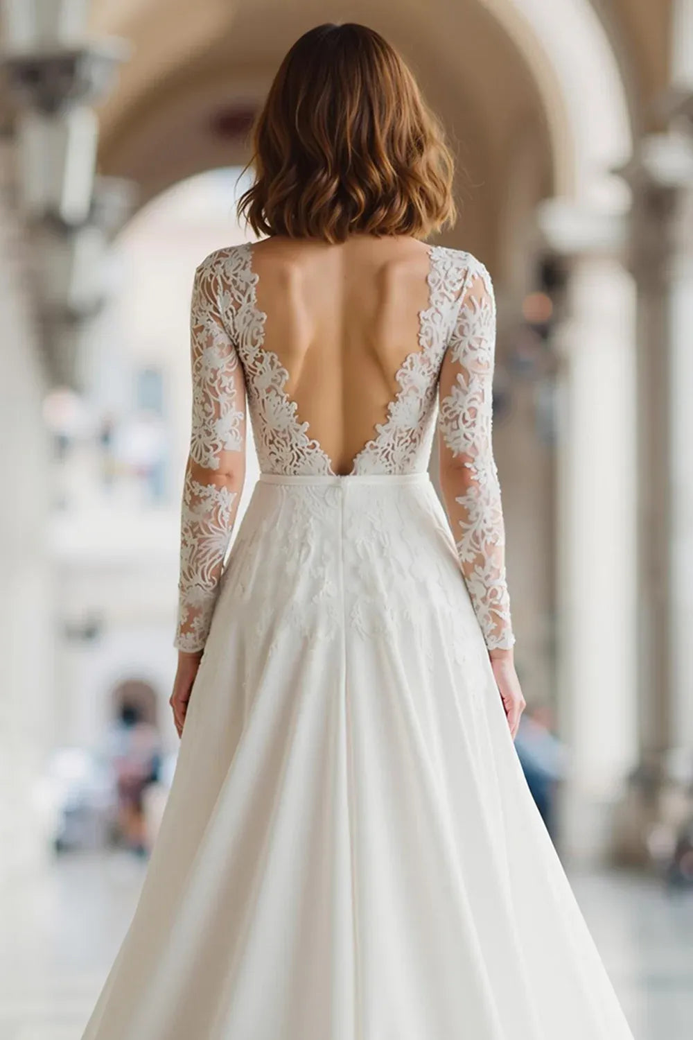 Illusion Lace Long Sleeve A-Line Wedding Dress with V-Back - Romantic Bridal Gown