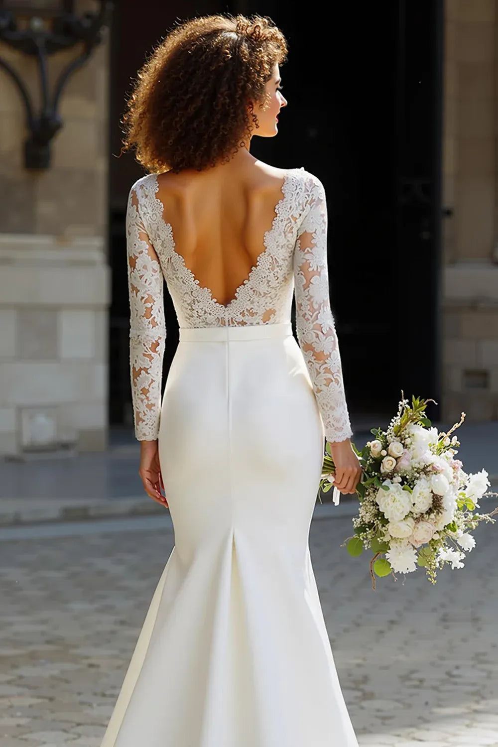 Illusion Lace Long Sleeve Mermaid Wedding Dress with Bateau Neck and Deep V-Back - Elegant Bridal Gown