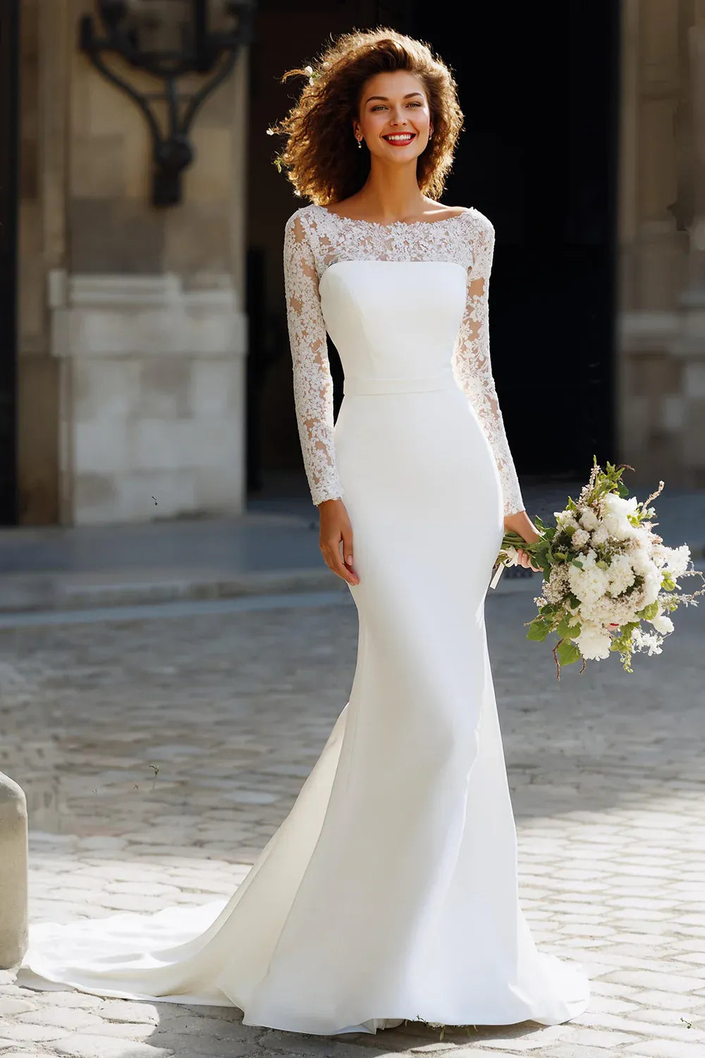 Illusion Lace Long Sleeve Mermaid Wedding Dress with Bateau Neck and Deep V-Back - Elegant Bridal Gown