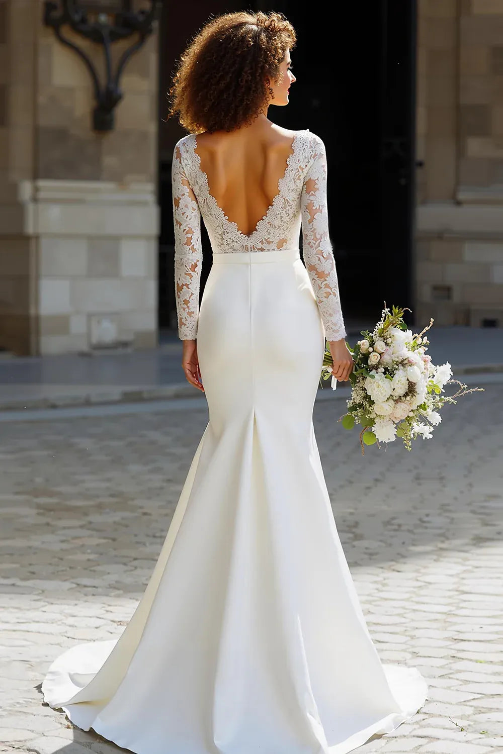 Illusion Lace Long Sleeve Mermaid Wedding Dress with Bateau Neck and Deep V-Back - Elegant Bridal Gown