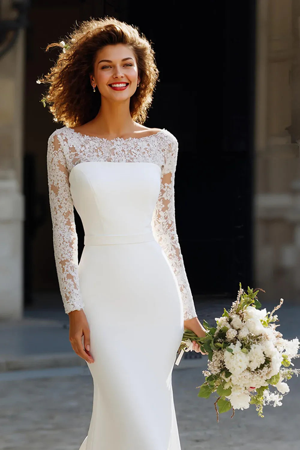 Illusion Lace Long Sleeve Mermaid Wedding Dress with Bateau Neck and Deep V-Back - Elegant Bridal Gown