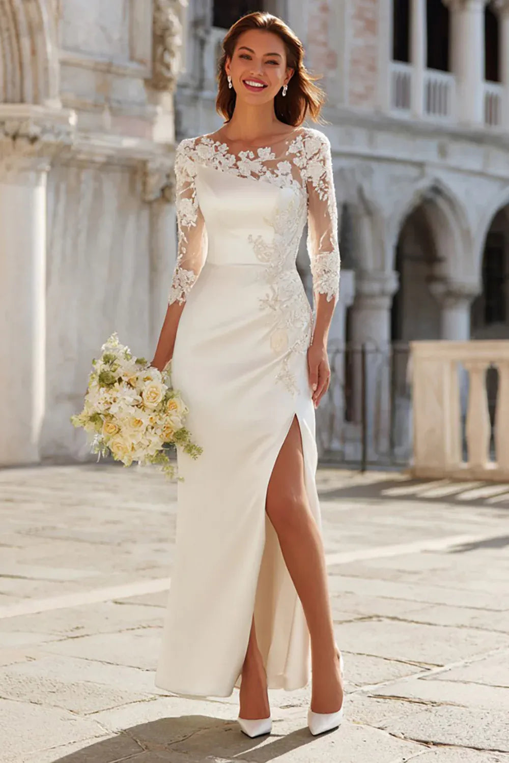Illusion Lace Neck Satin Sheath Wedding Dress with 3/4 Sleeves & Slit