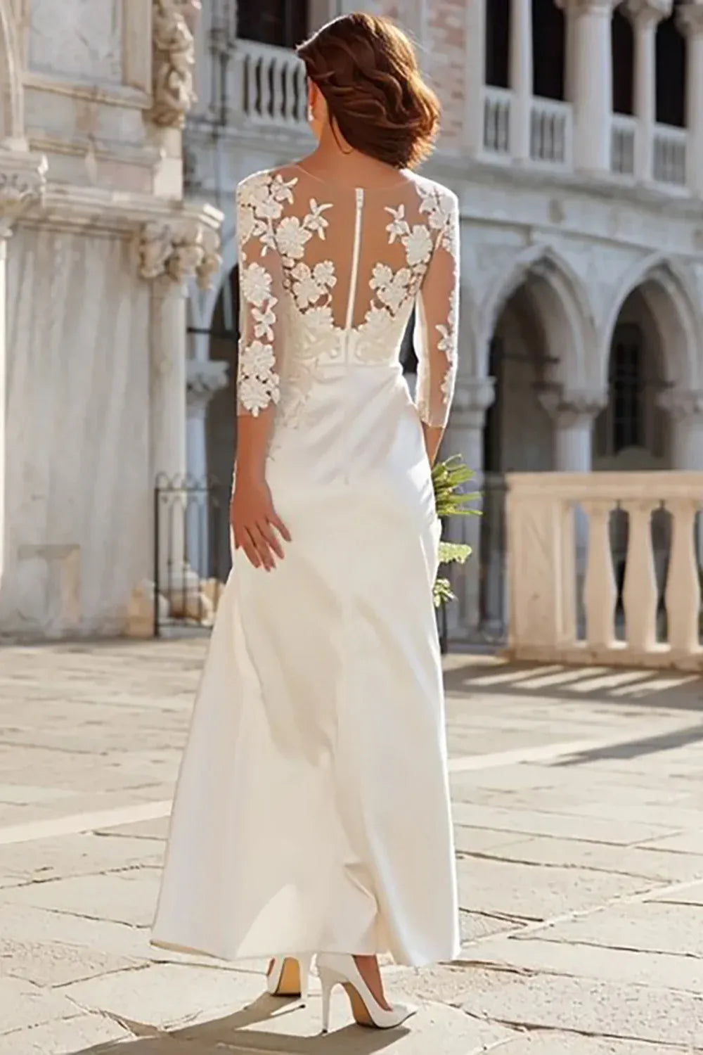 Illusion Lace Neck Satin Sheath Wedding Dress with 3/4 Sleeves & Slit