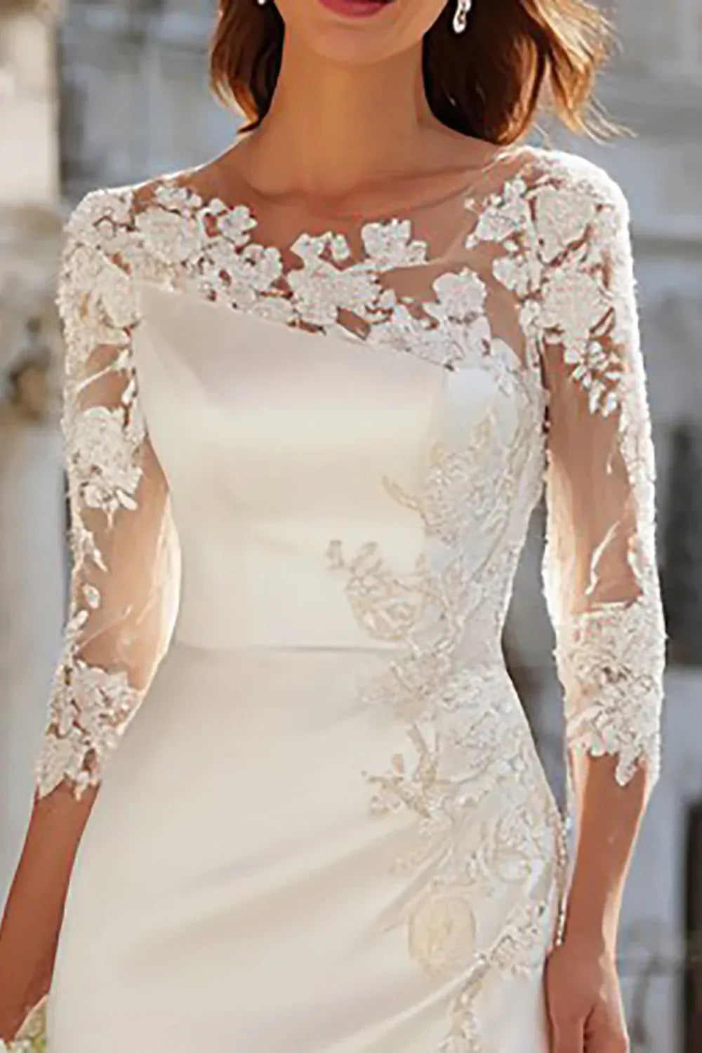 Illusion Lace Neck Satin Sheath Wedding Dress with 3/4 Sleeves & Slit