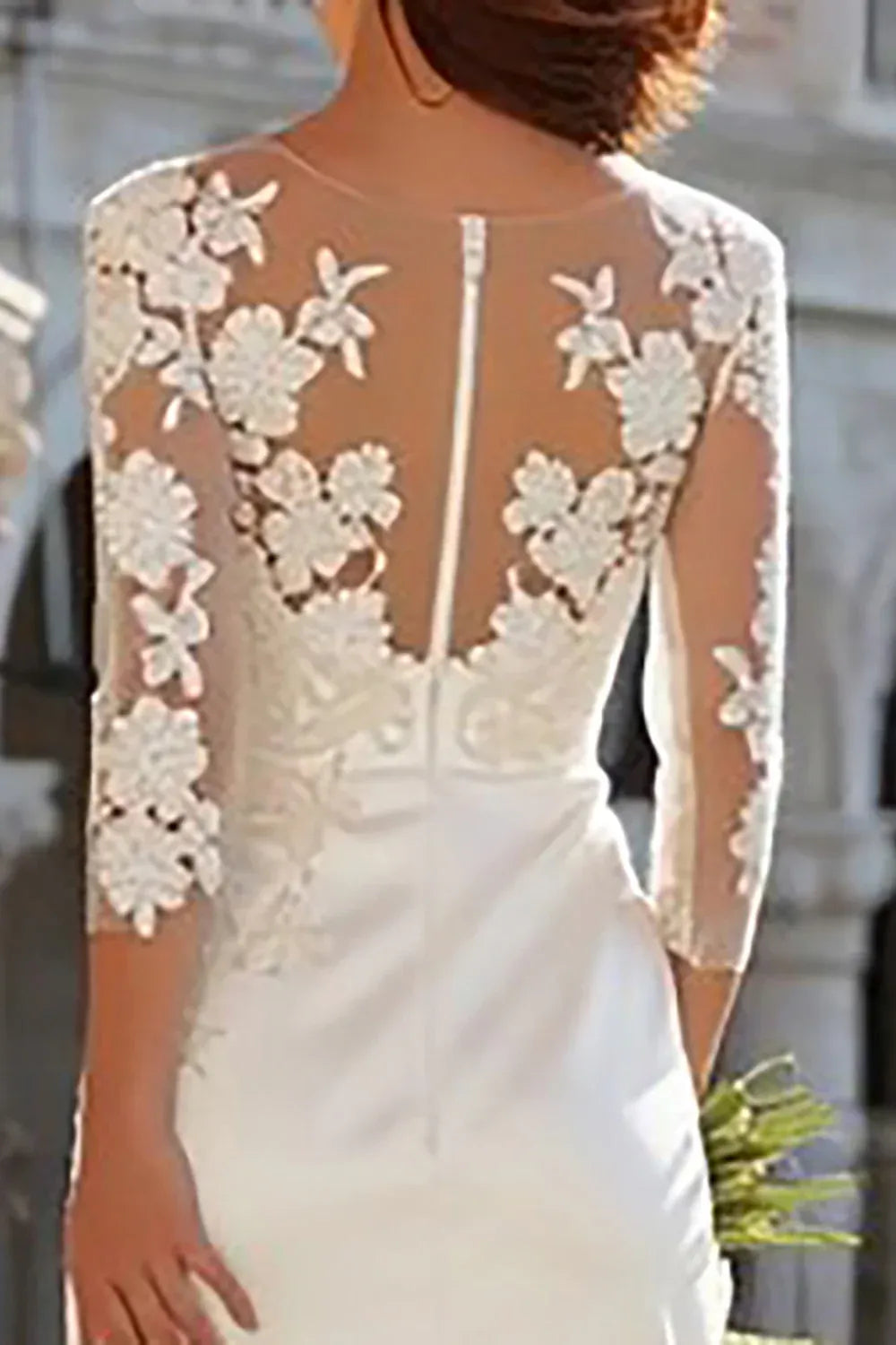 Illusion Lace Neck Satin Sheath Wedding Dress with 3/4 Sleeves & Slit