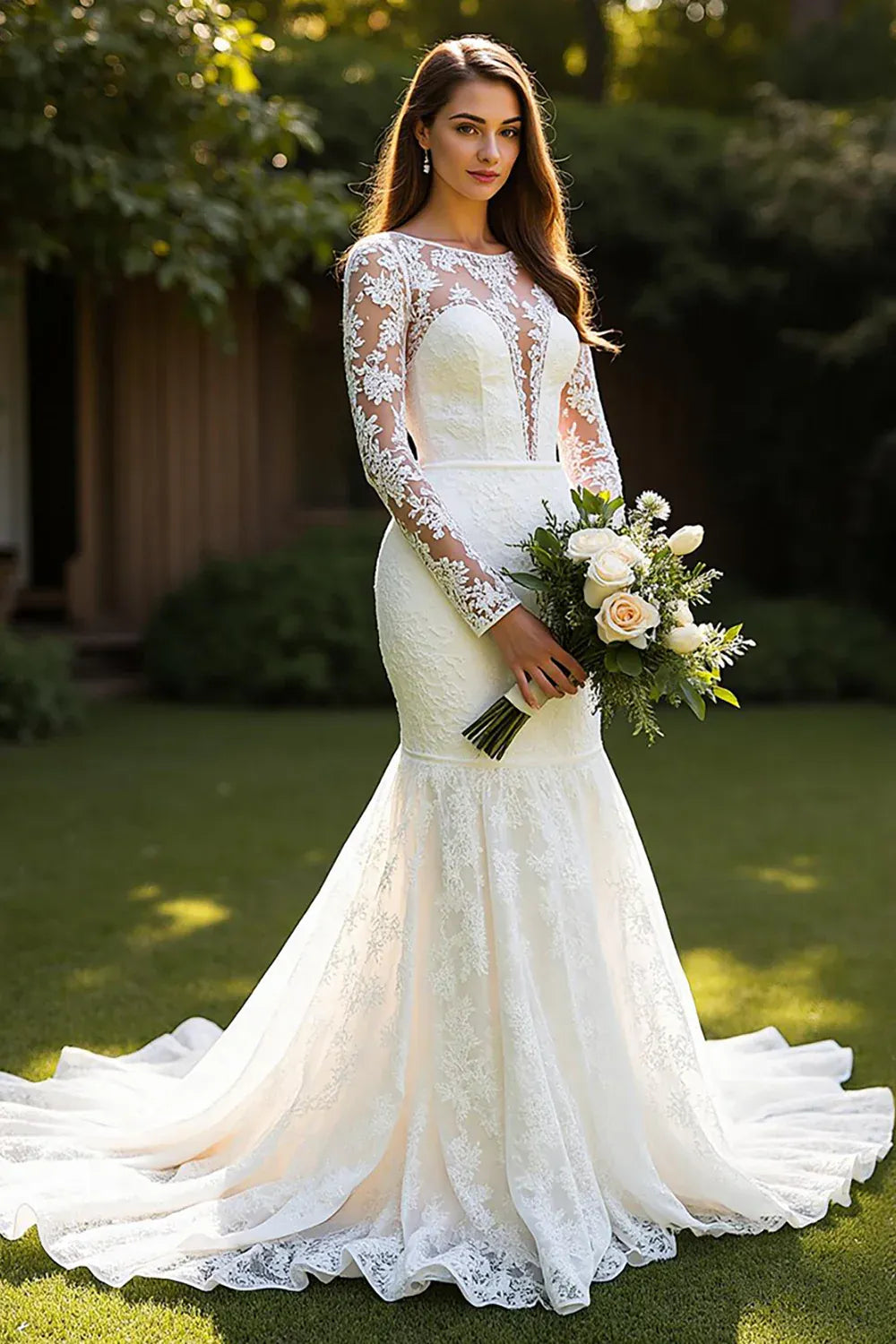 Illusion Long Sleeve Lace Mermaid Wedding Dress with Low V-Back - Romantic Bridal Gown