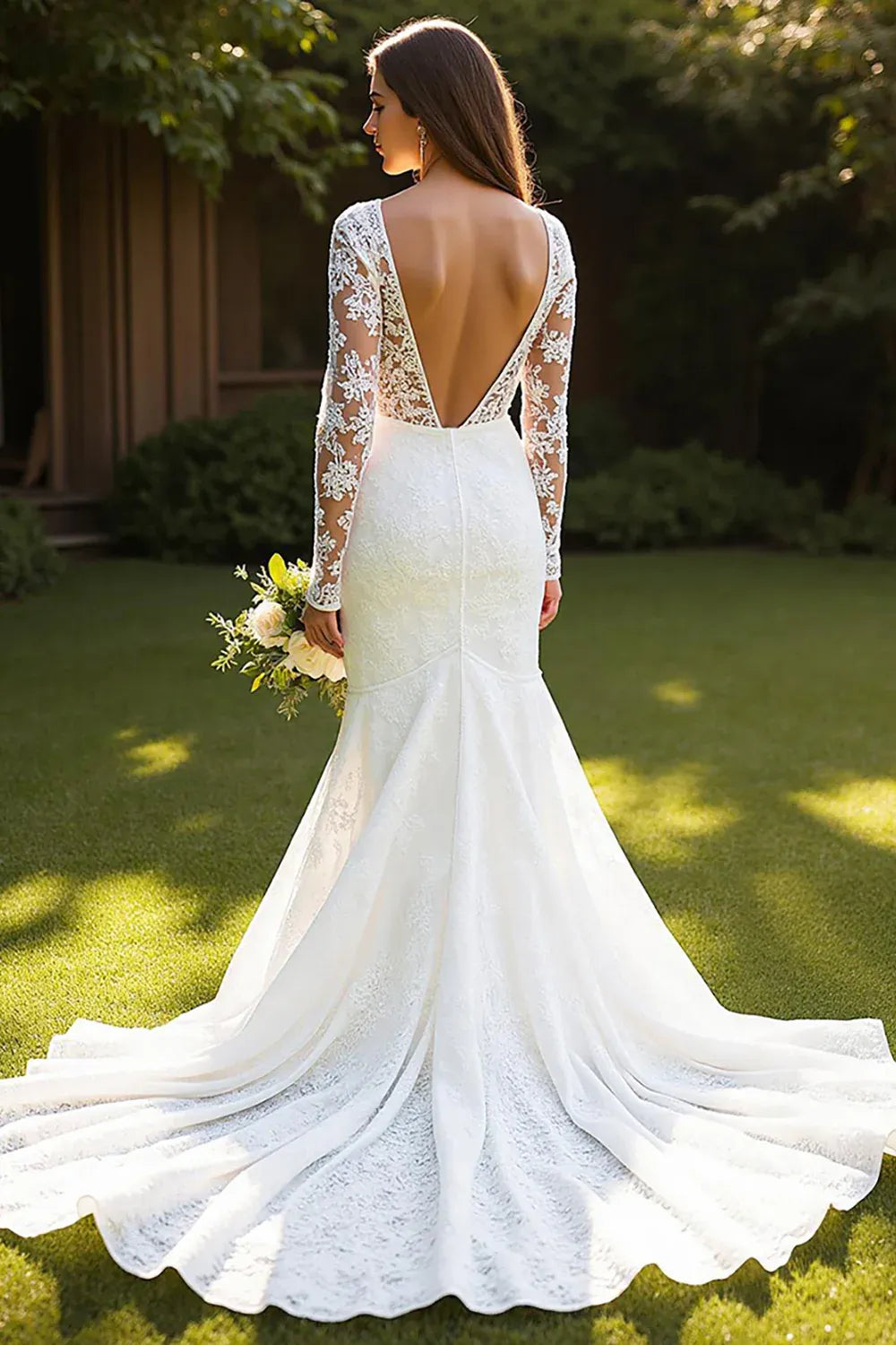 Illusion Long Sleeve Lace Mermaid Wedding Dress with Low V-Back - Romantic Bridal Gown
