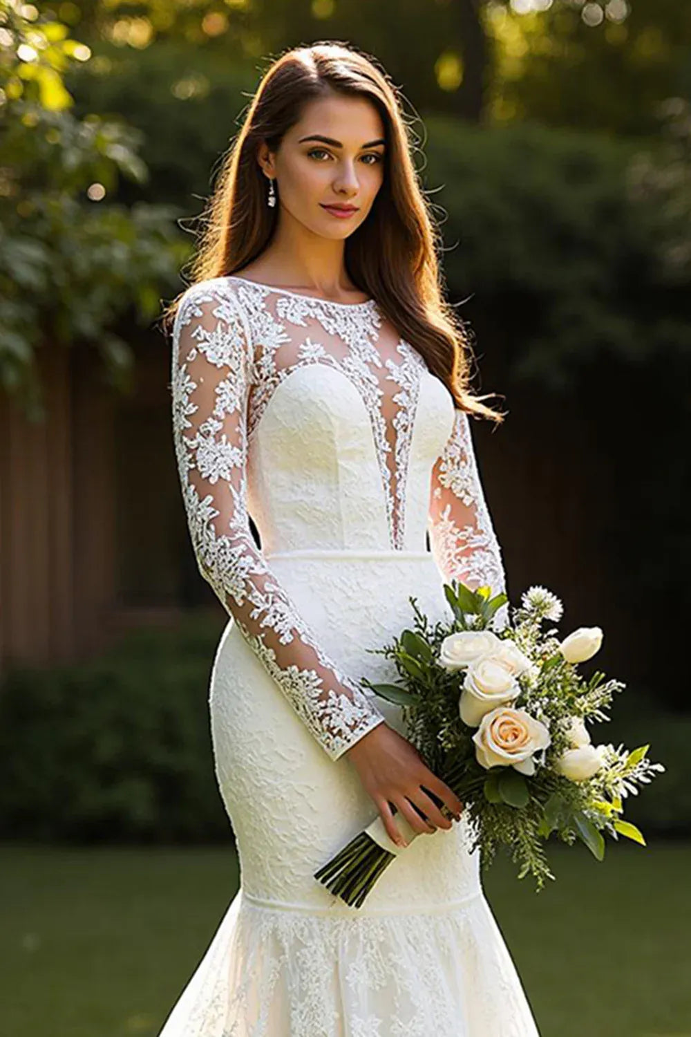 Illusion Long Sleeve Lace Mermaid Wedding Dress with Low V-Back - Romantic Bridal Gown