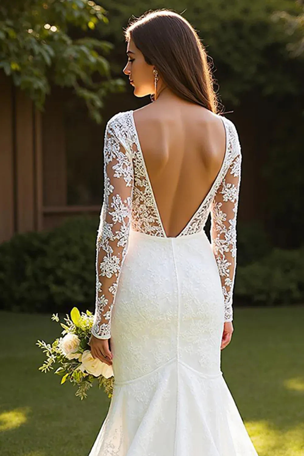 Illusion Long Sleeve Lace Mermaid Wedding Dress with Low V-Back - Romantic Bridal Gown