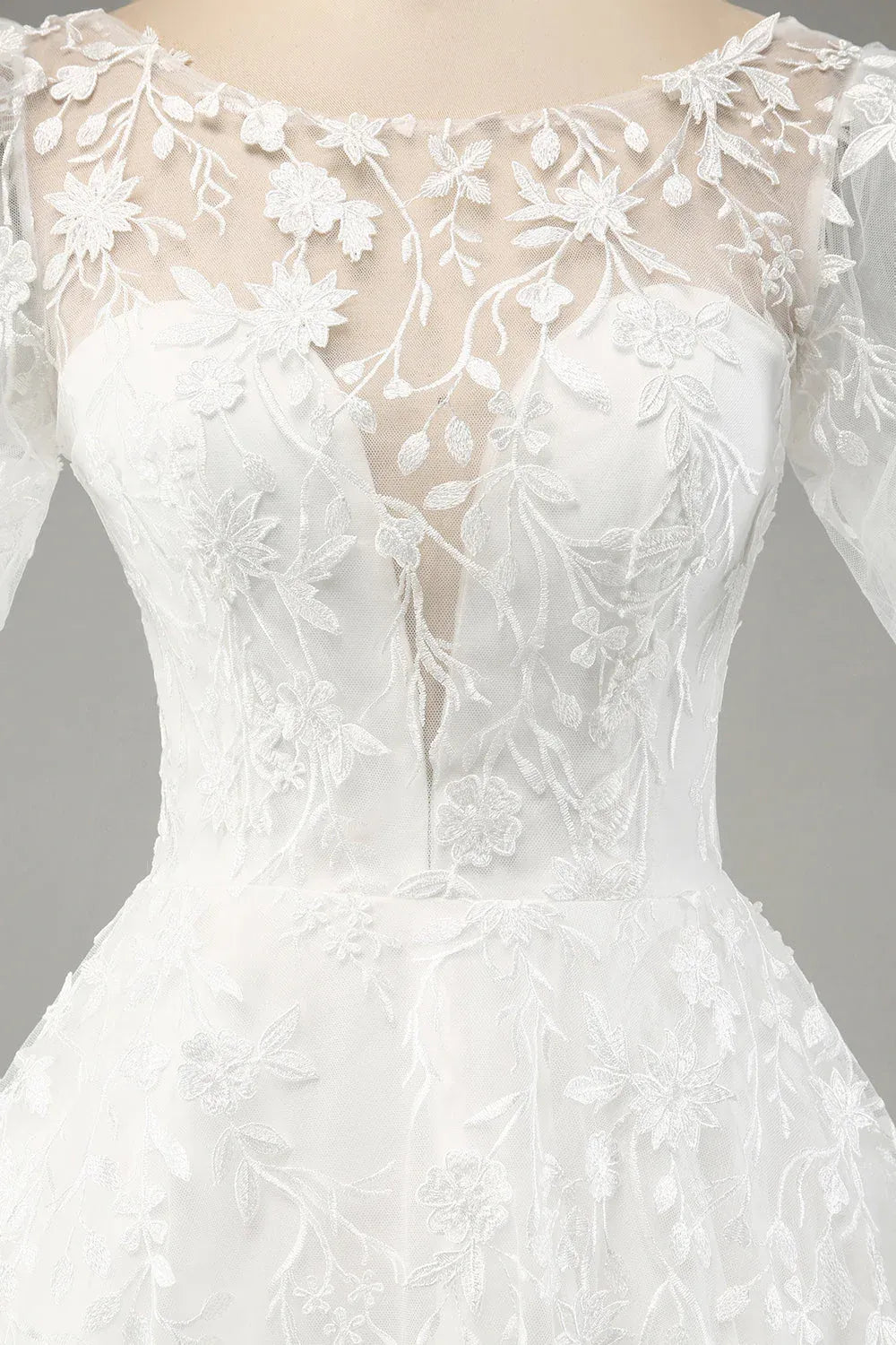 Illusion Neck Floral Lace A-Line Wedding Dress with Puff Sleeves