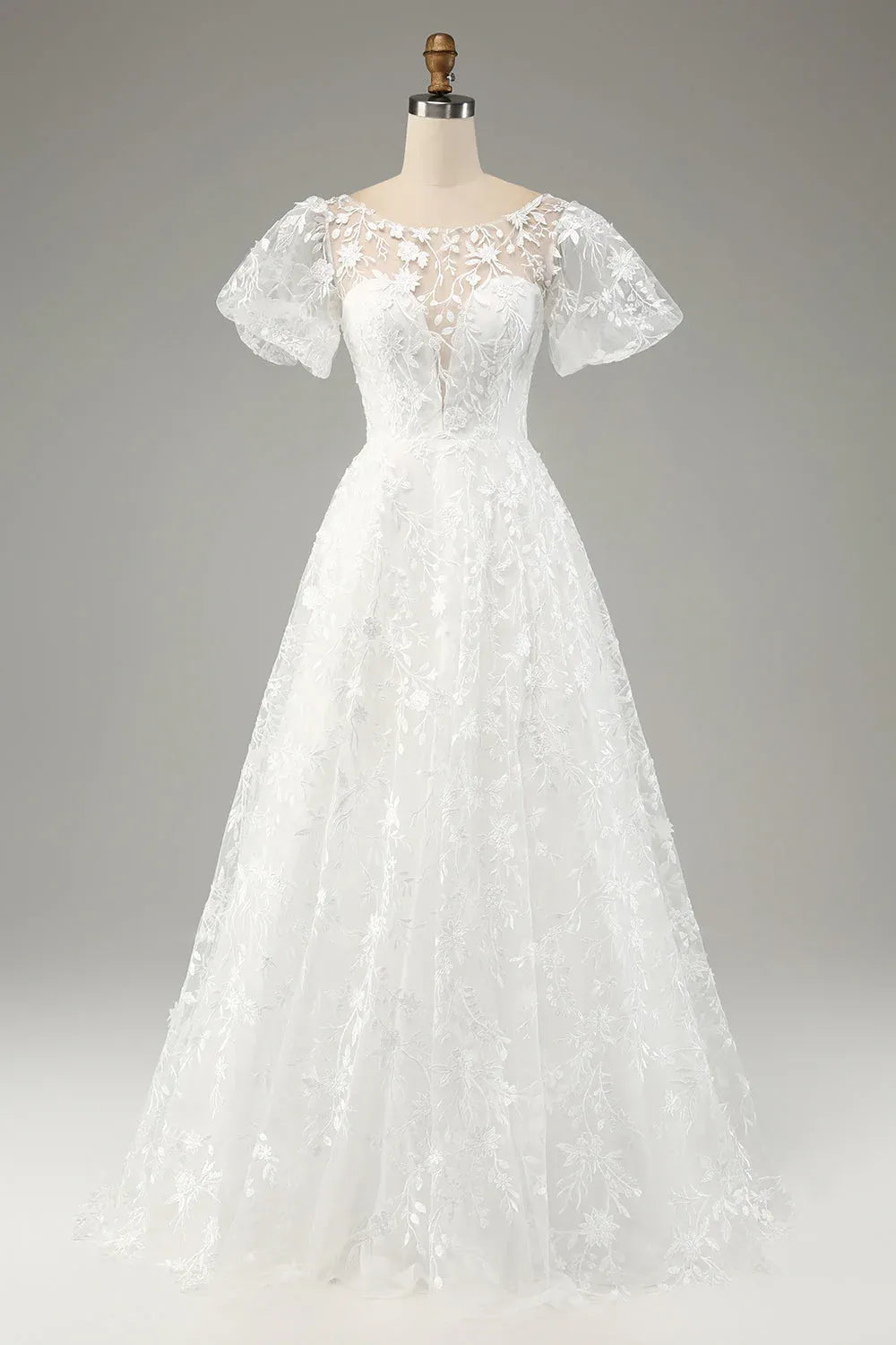Illusion Neck Floral Lace A-Line Wedding Dress with Puff Sleeves