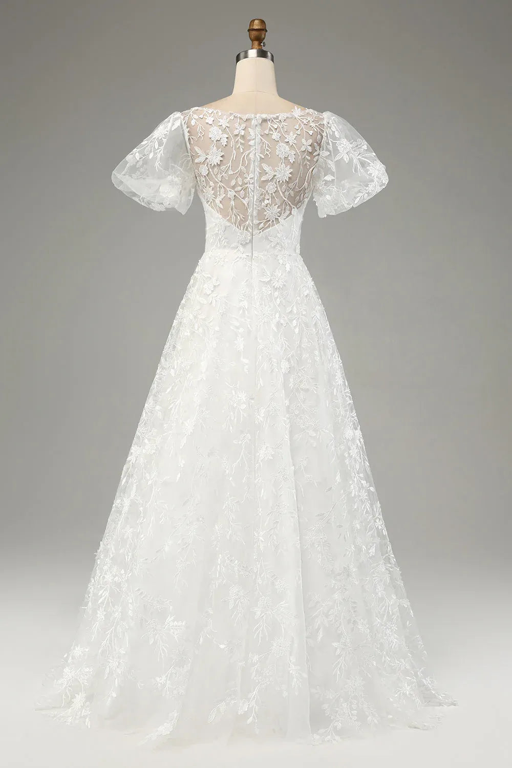 Illusion Neck Floral Lace A-Line Wedding Dress with Puff Sleeves