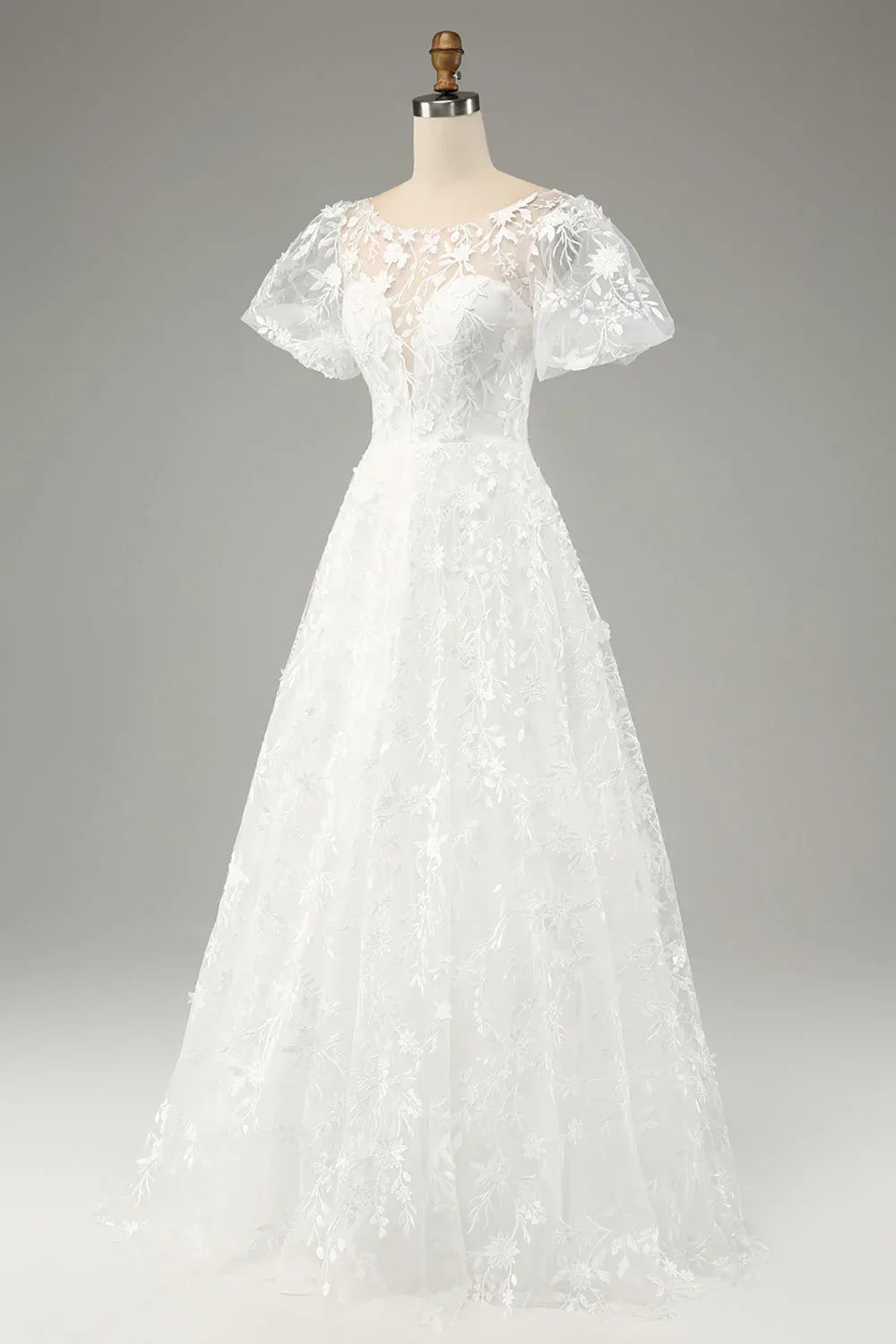 Illusion Neck Floral Lace A-Line Wedding Dress with Puff Sleeves