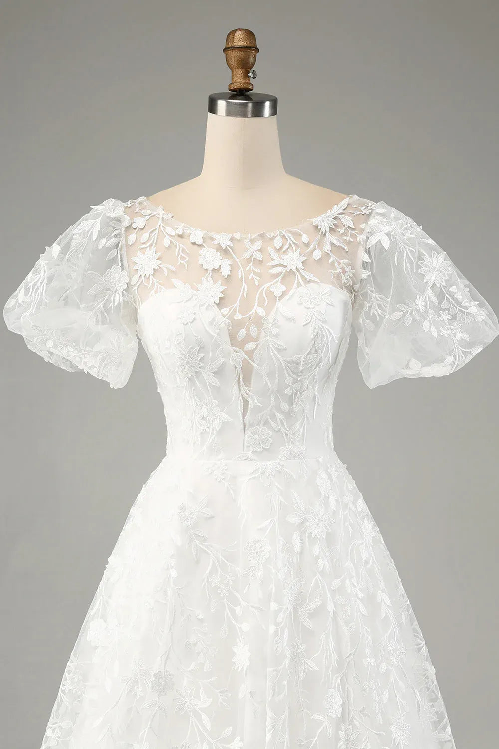 Illusion Neck Floral Lace A-Line Wedding Dress with Puff Sleeves