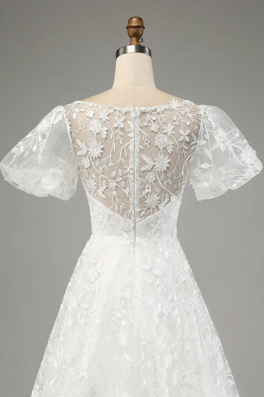 Illusion Neck Floral Lace A-Line Wedding Dress with Puff Sleeves