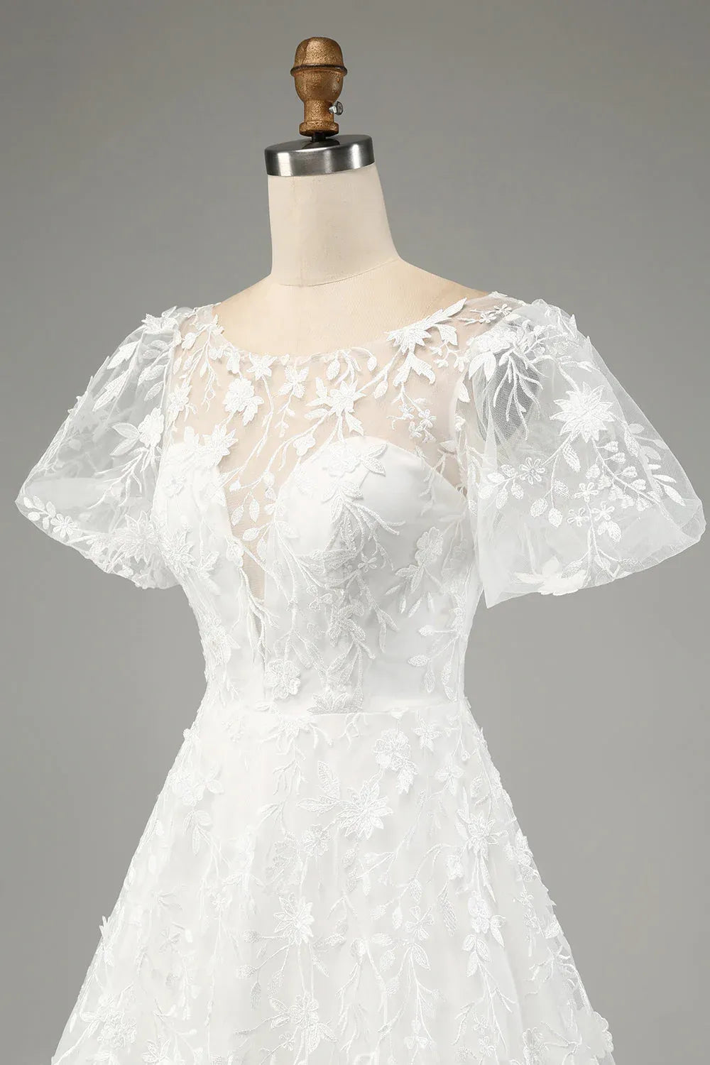Illusion Neck Floral Lace A-Line Wedding Dress with Puff Sleeves