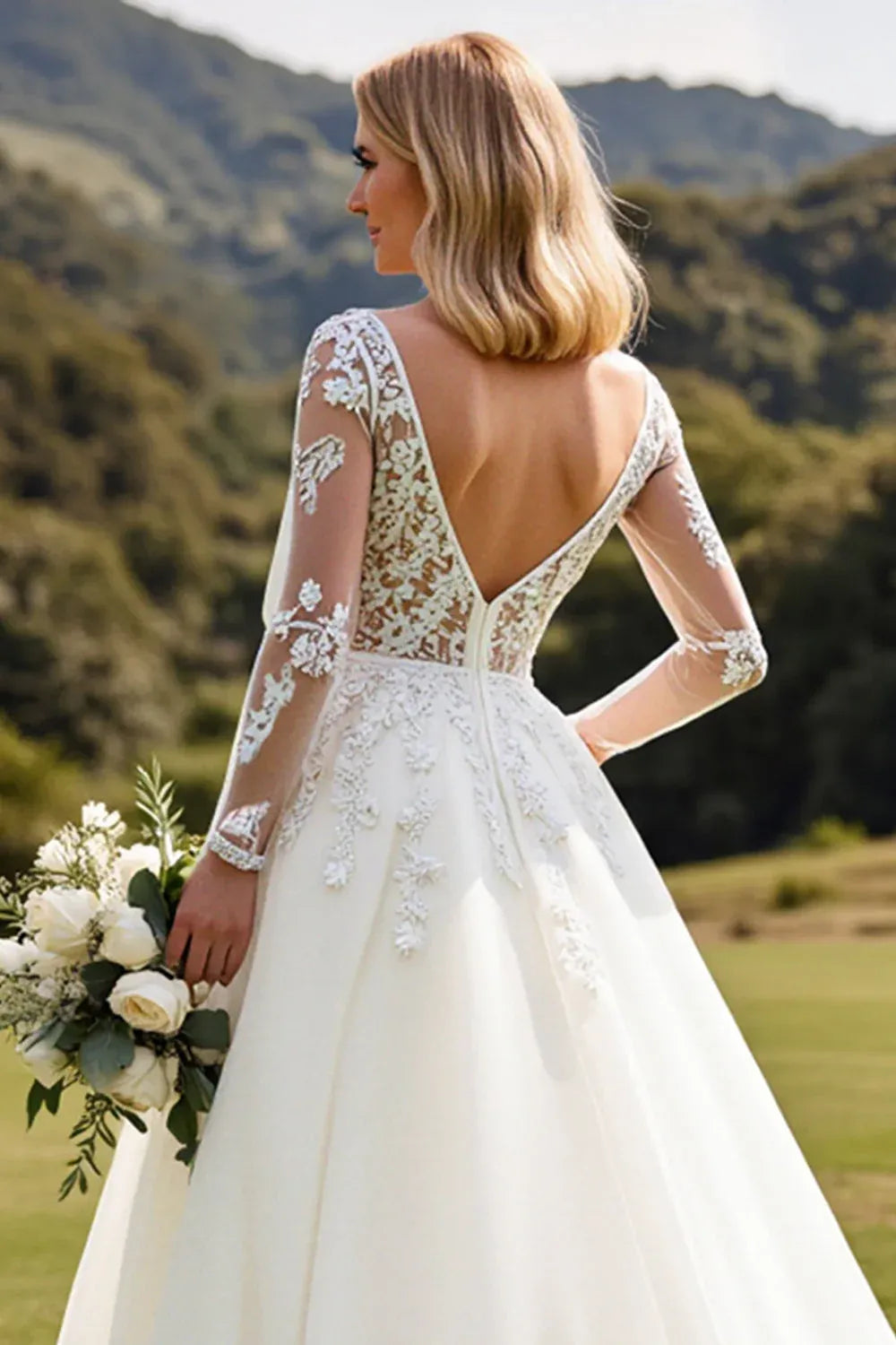 Illusion Neck Lace A-Line Wedding Dress with Long Sheer Sleeves