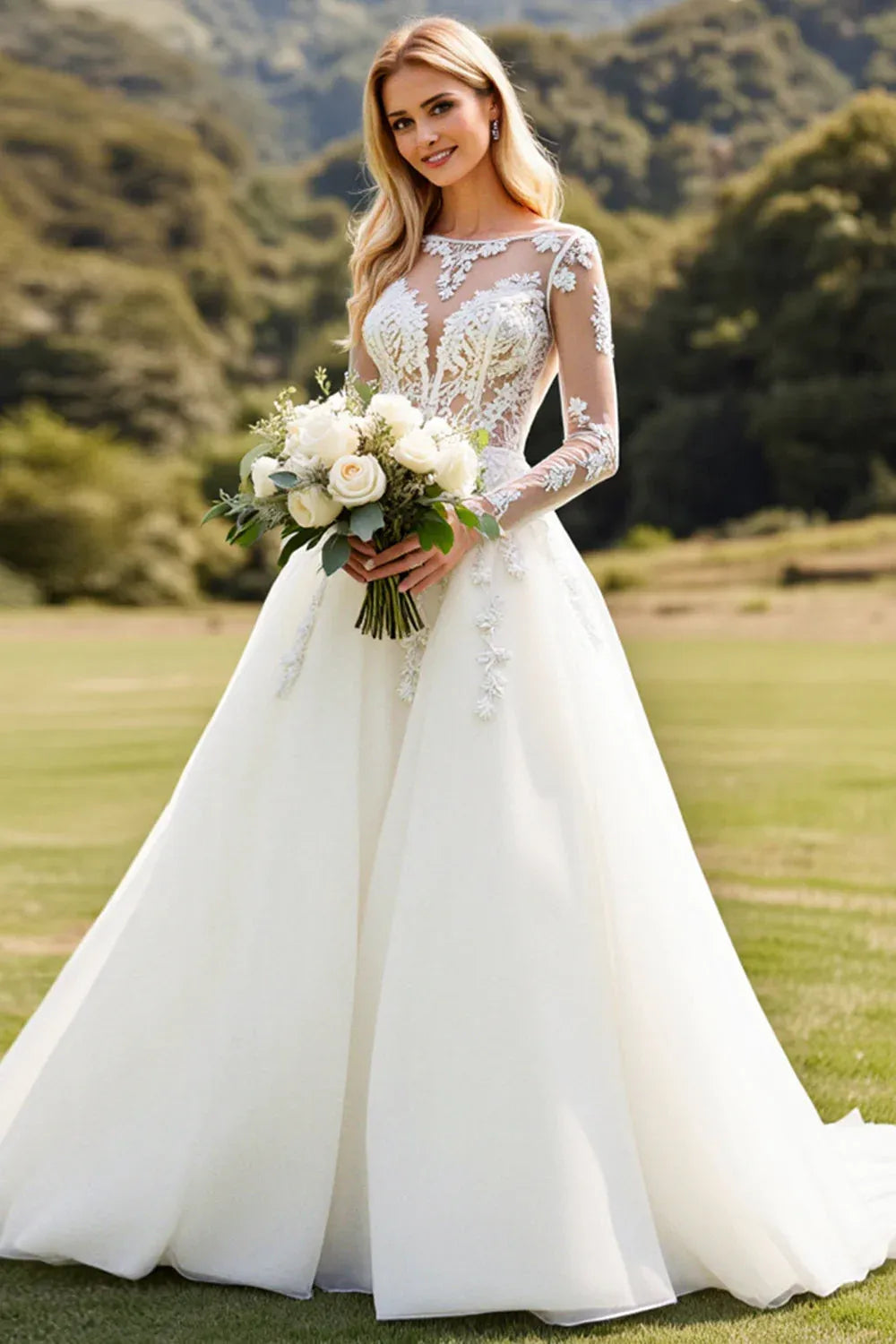 Illusion Neck Lace A-Line Wedding Dress with Long Sheer Sleeves