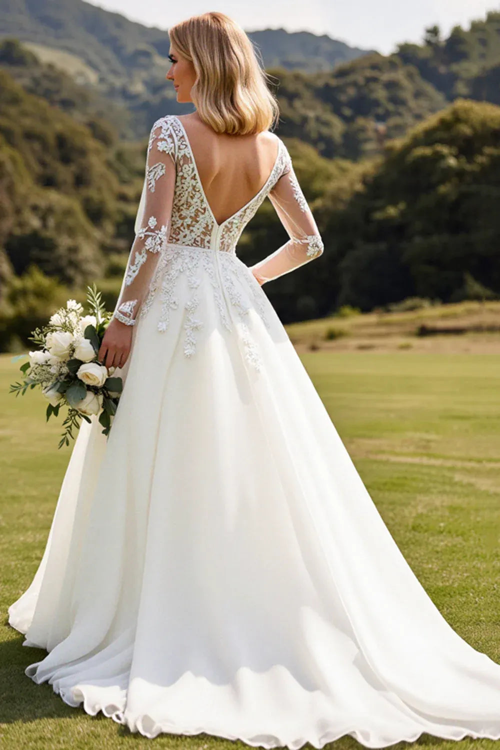 Illusion Neck Lace A-Line Wedding Dress with Long Sheer Sleeves
