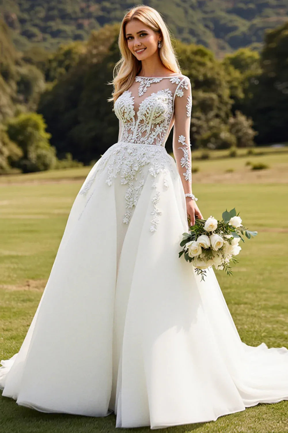 Illusion Neck Lace A-Line Wedding Dress with Long Sheer Sleeves