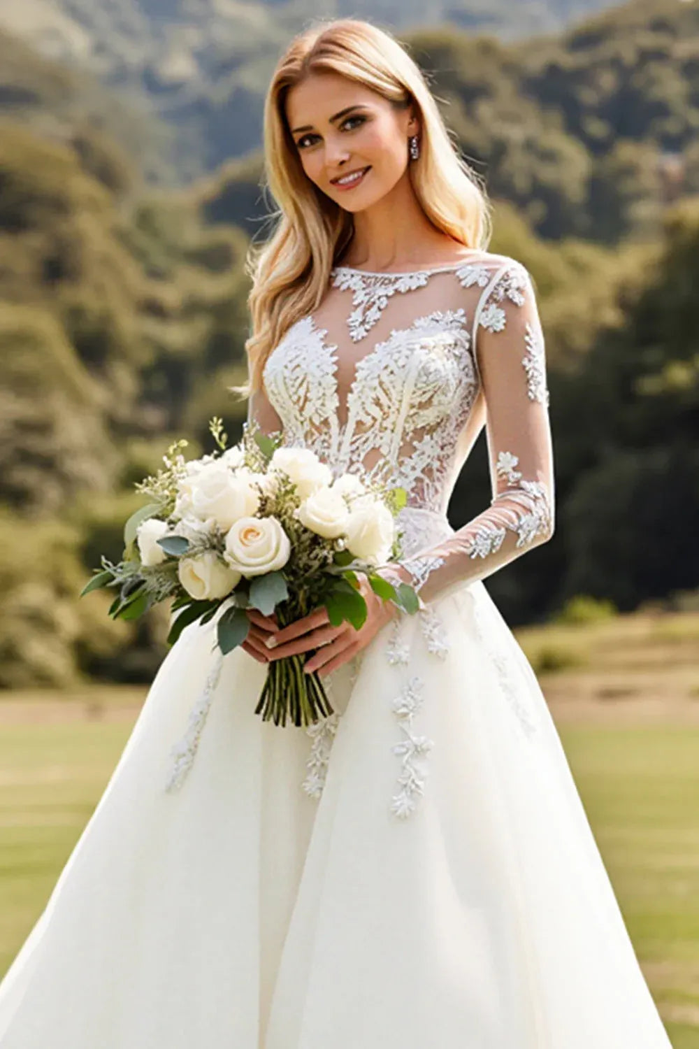 Illusion Neck Lace A-Line Wedding Dress with Long Sheer Sleeves