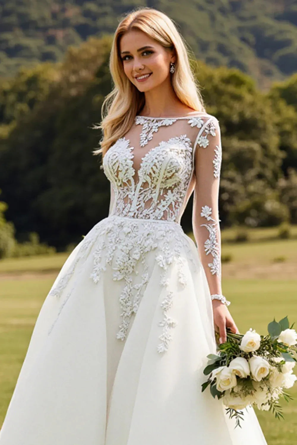 Illusion Neck Lace A-Line Wedding Dress with Long Sheer Sleeves