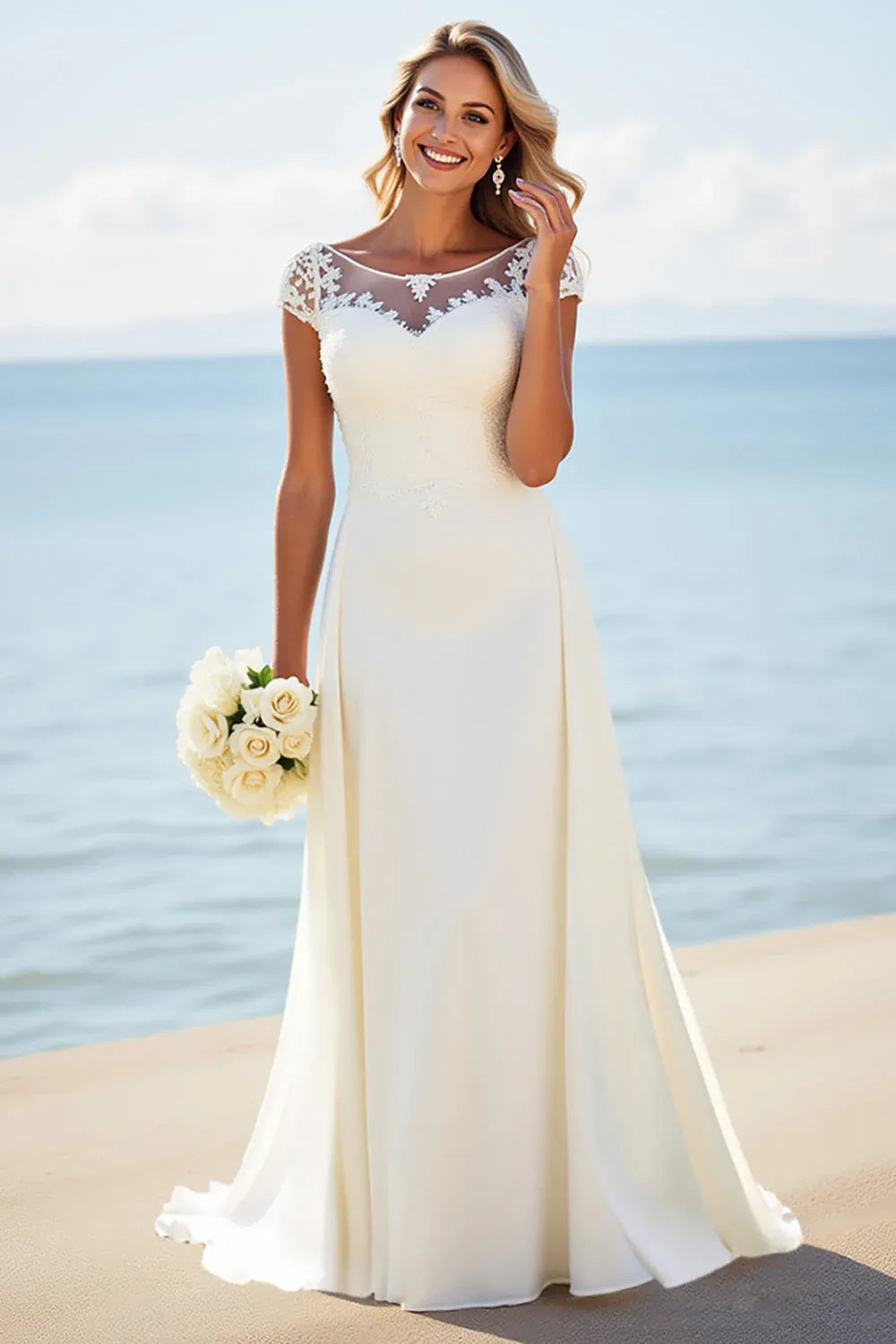 Illusion Neck Lace Chiffon A-Line Wedding Dress with Cap Sleeves - Romantic Bridal Gown