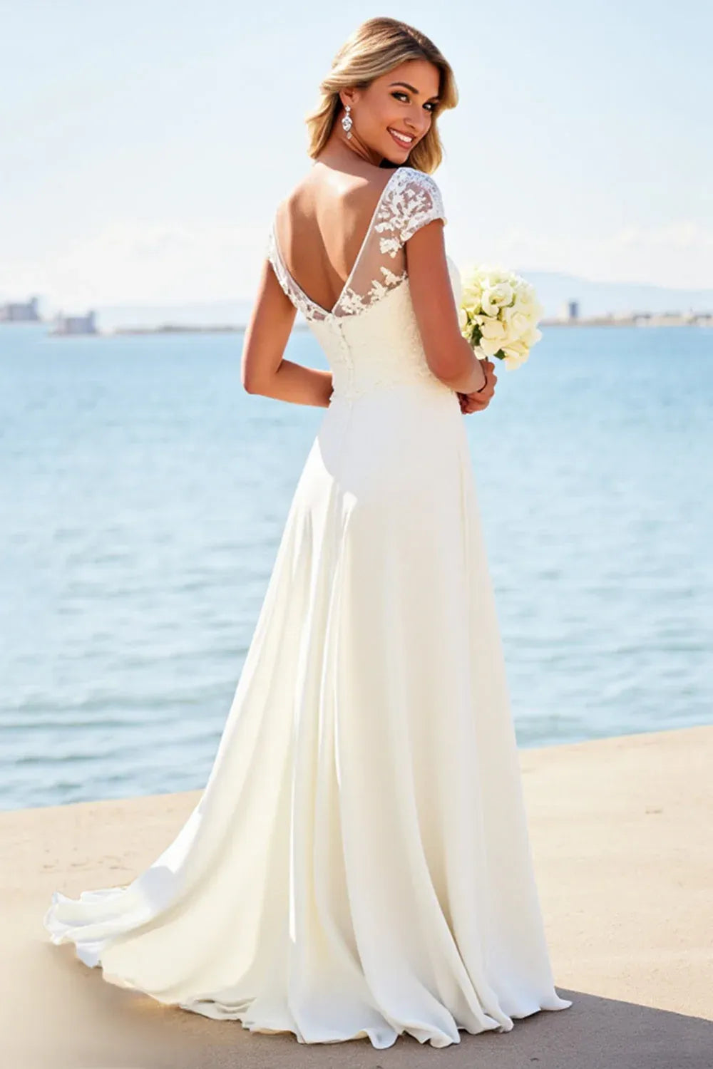 Illusion Neck Lace Chiffon A-Line Wedding Dress with Cap Sleeves - Romantic Bridal Gown
