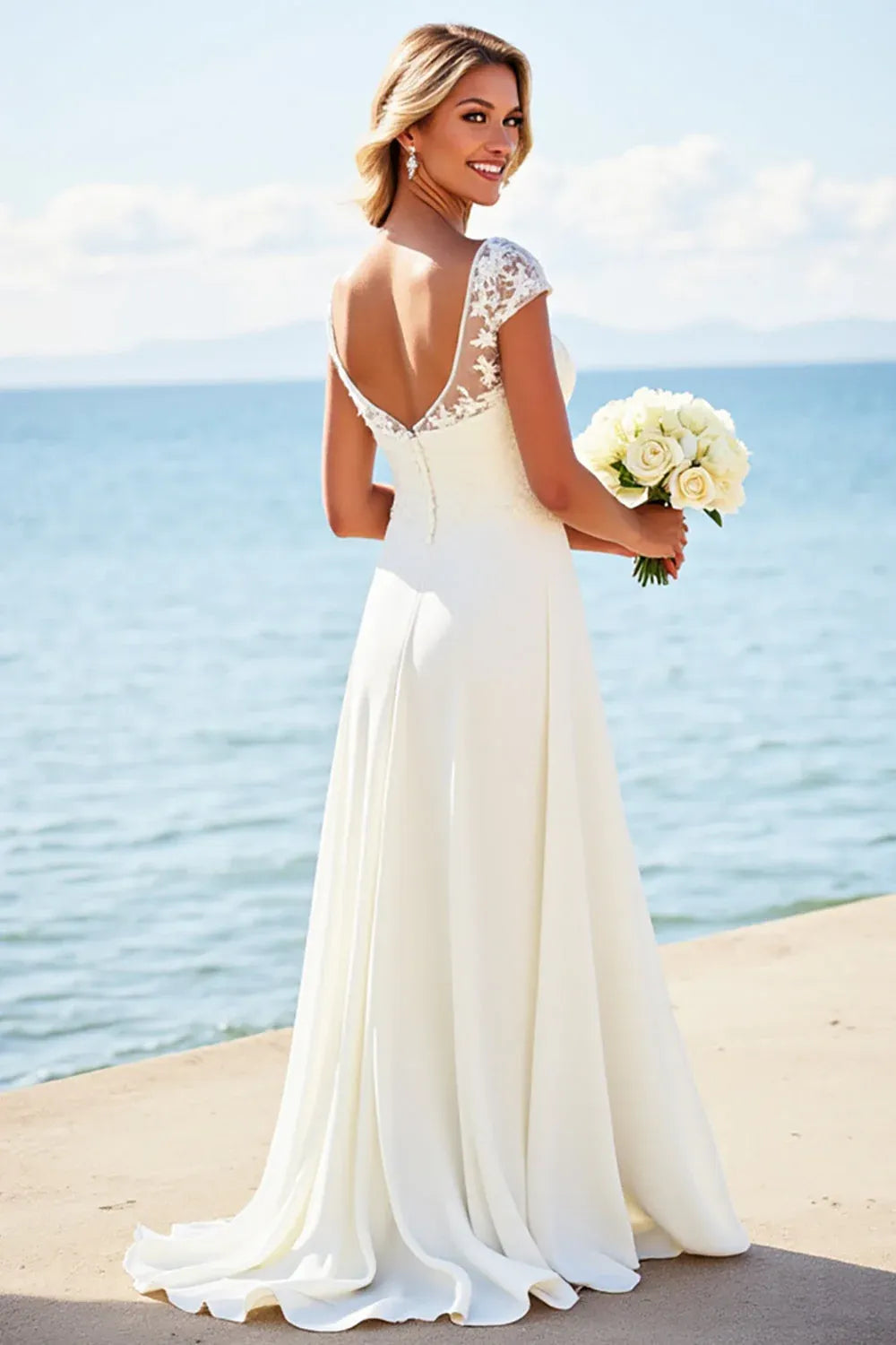 Illusion Neck Lace Chiffon A-Line Wedding Dress with Cap Sleeves - Romantic Bridal Gown