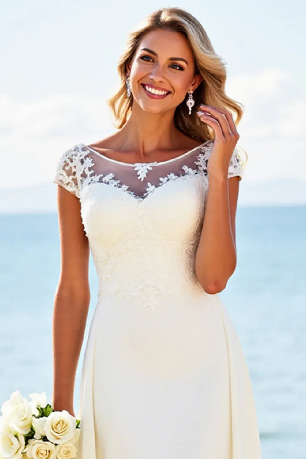Illusion Neck Lace Chiffon A-Line Wedding Dress with Cap Sleeves - Romantic Bridal Gown