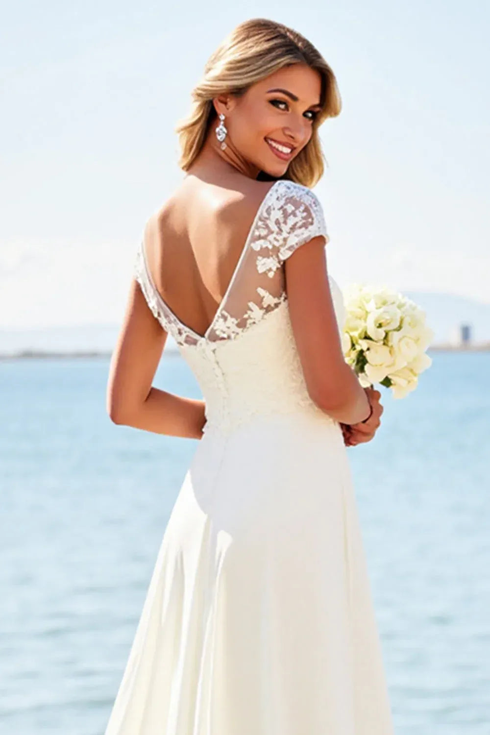 Illusion Neck Lace Chiffon A-Line Wedding Dress with Cap Sleeves - Romantic Bridal Gown