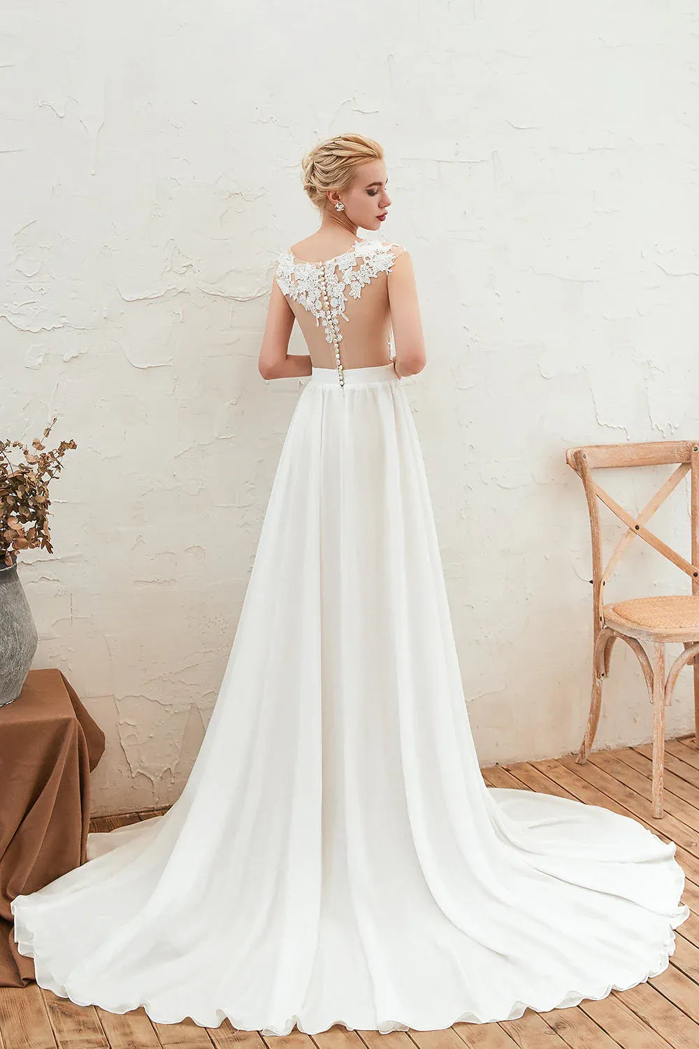 Fashion Romantic Illusion Neck Lace Chiffon A-Line Wedding Dress with High Slit