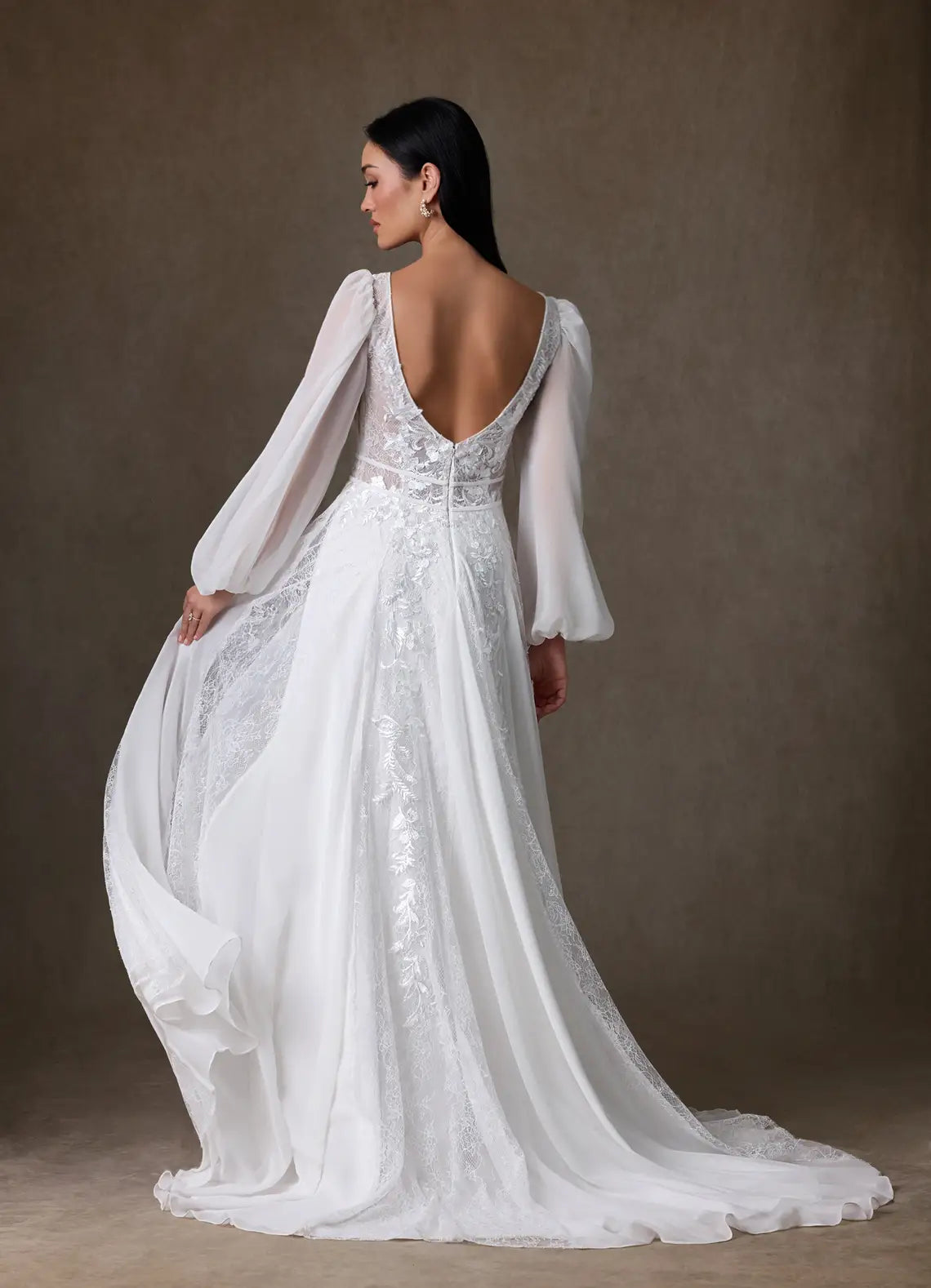 Voluminous sheer puff sleeves Illusion Neck Lace Chiffon A-Line Wedding Dress with Puff Sleeves