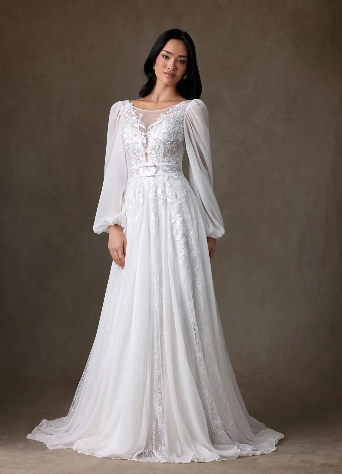 Voluminous sheer puff sleeves Illusion Neck Lace Chiffon A-Line Wedding Dress with Puff Sleeves