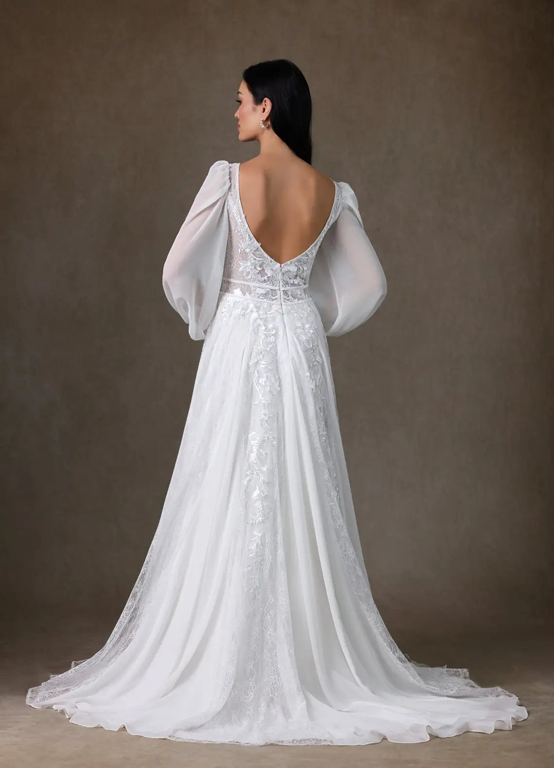 Voluminous sheer puff sleeves Illusion Neck Lace Chiffon A-Line Wedding Dress with Puff Sleeves