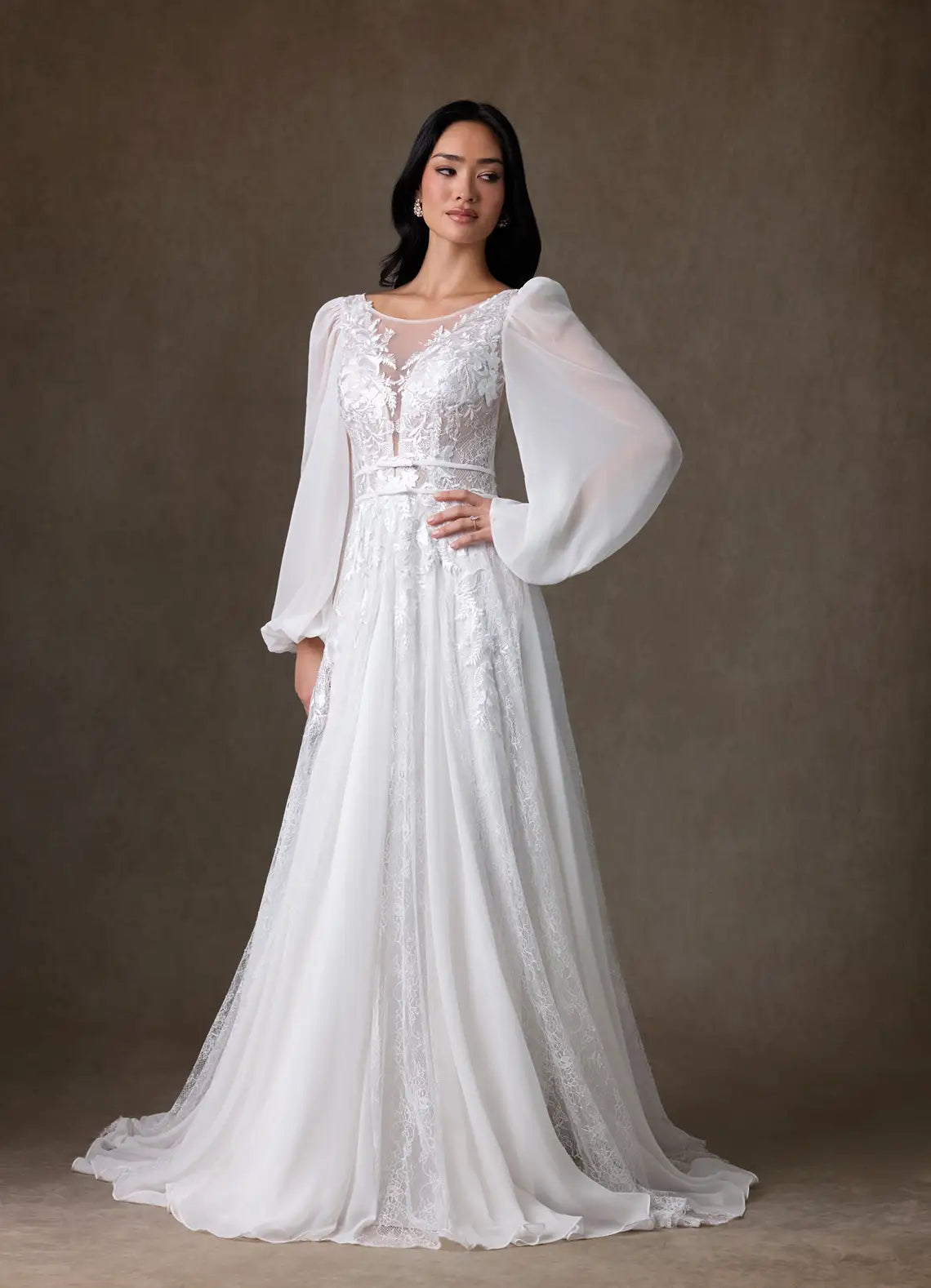Voluminous sheer puff sleeves Illusion Neck Lace Chiffon A-Line Wedding Dress with Puff Sleeves